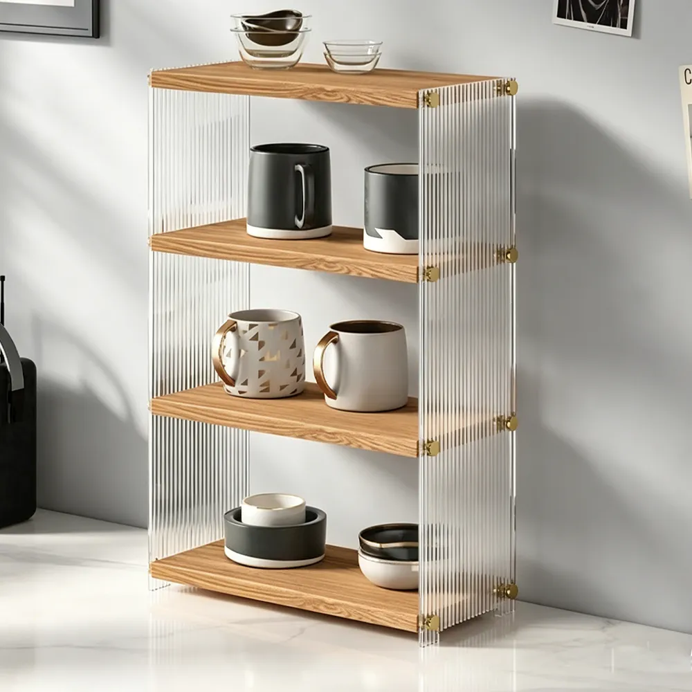 Luxury Acrylic & Wood Grain Shelf Ribbed 4-Tier Display Bookcase.