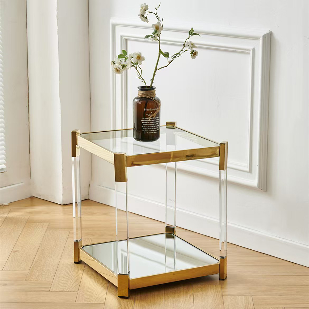 Modern 2-Tier Glass & Mirrored Living Room End Table, Factory Custom Wholesale