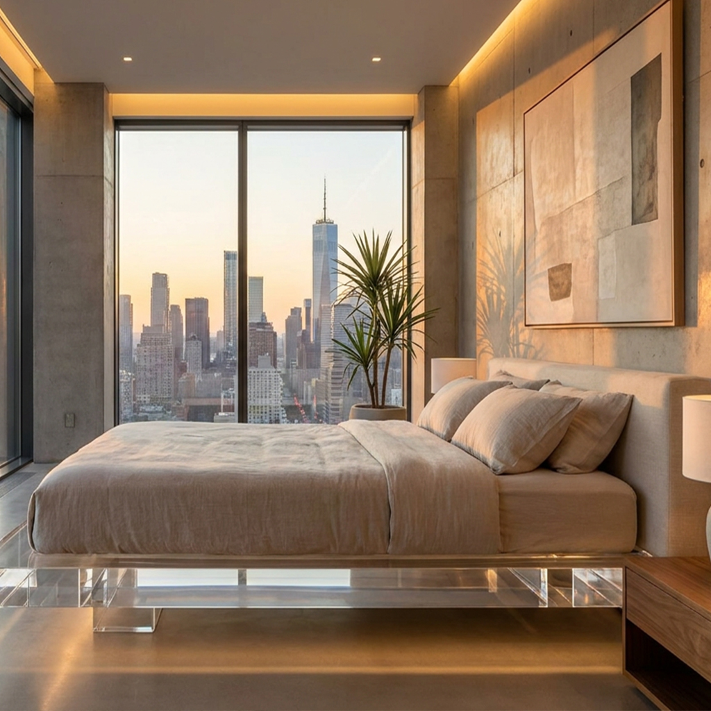 Modern_Minimalist_Acrylic_Floating_Platform_Bed_Penthouse.