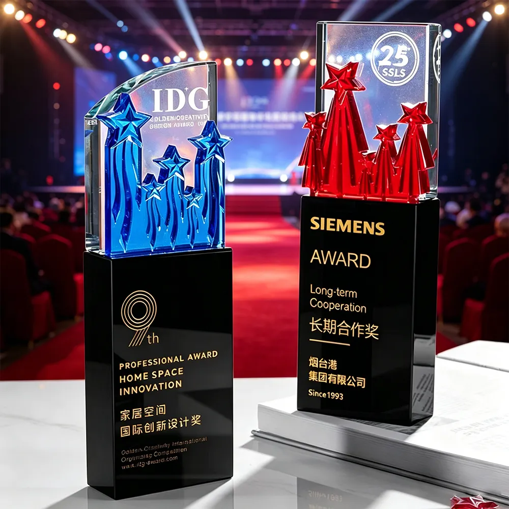 Star-Shaped Acrylic Crystal Trophy Custom Dual-Color Award for Corporate Recognition.