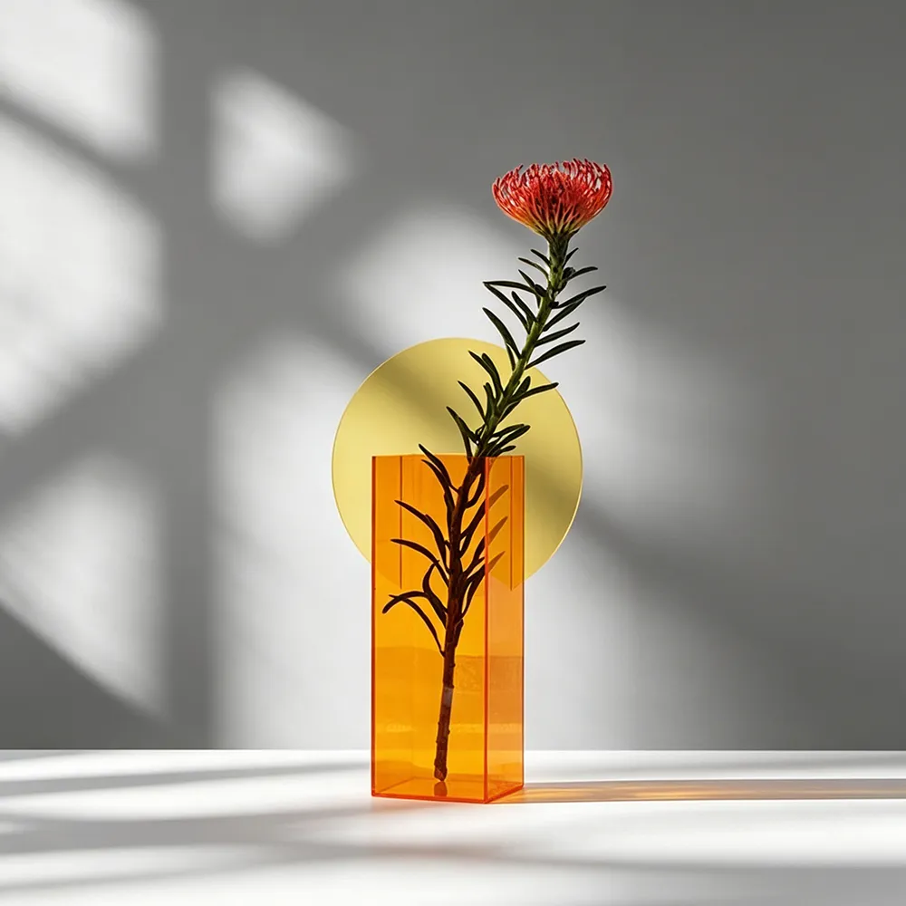 Sunset Orange Acrylic Geometric Art Vase Creative Decorative Flower Vase