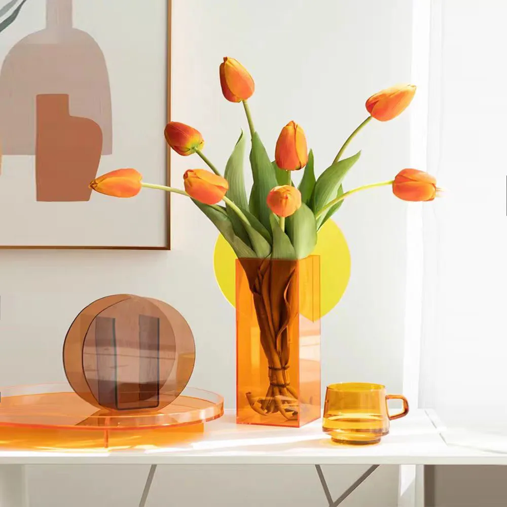Sunset Orange Acrylic Geometric Art Vase Creative Decorative Flower Vase.