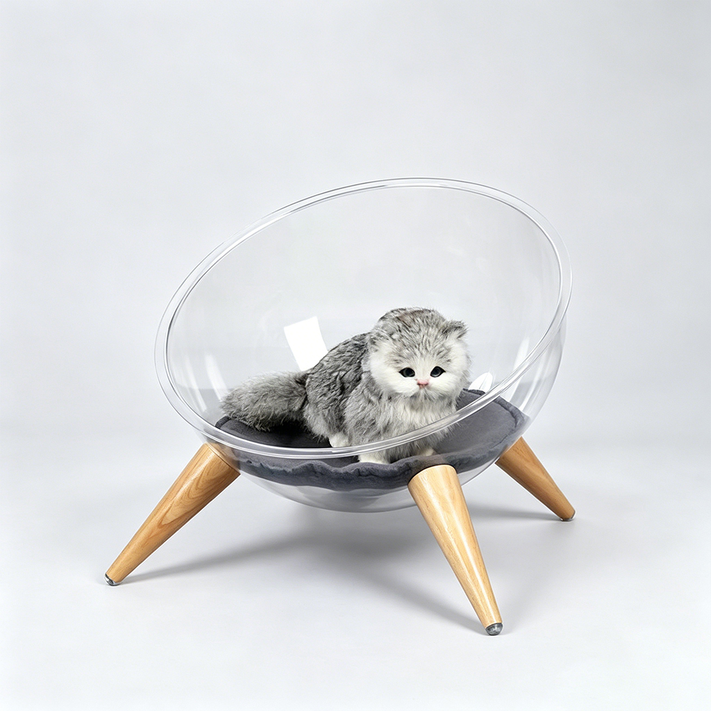 Transparent Acrylic Cat Bed with Tripod Pine Wood Legs, Mid-century Style