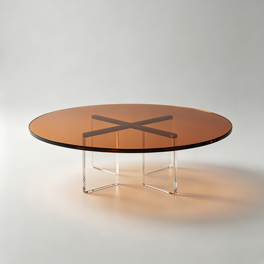 Amber Tinted Round Acrylic Coffee Table With Cross X Legs