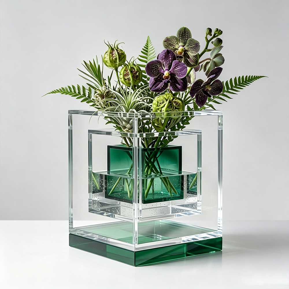 Nested Cube Clear & Green Acrylic Vase