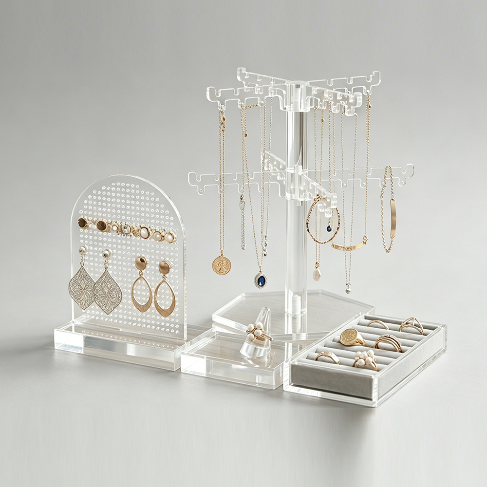 Clear Acrylic Multi-Function Jewelry Display Set | Wholesale All-in-One Earring, Necklace & Ring Organizer Kit