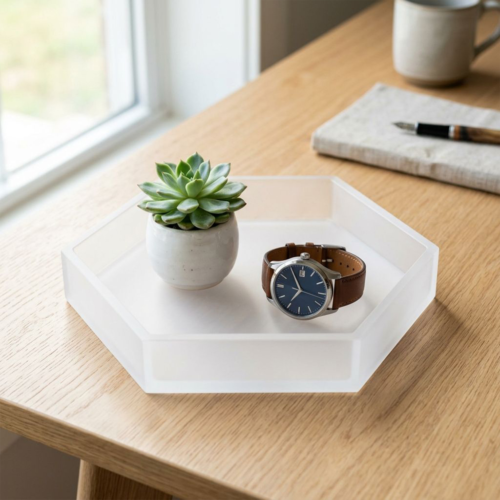 Frosted Matte White Hexagonal Acrylic Jewelry Tray