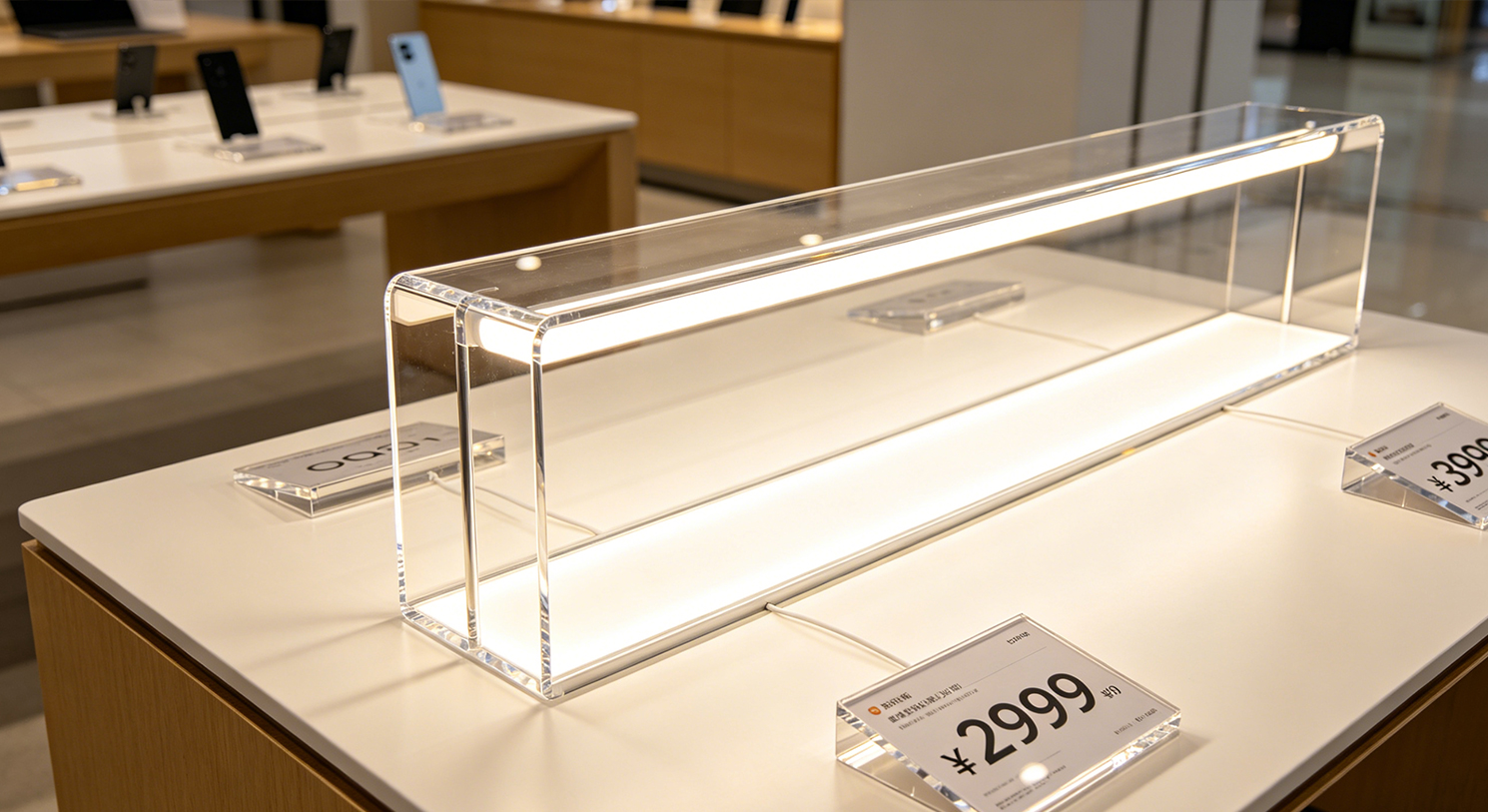 Long transparent acrylic display counter for digital gadgets, minimalist light wood retail shop interior