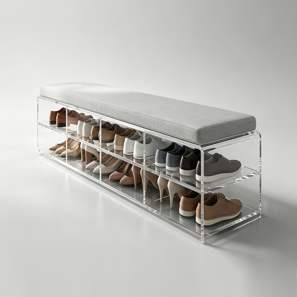 Dual Tier Clear Acrylic Shoe Bench With Cushioned Seat