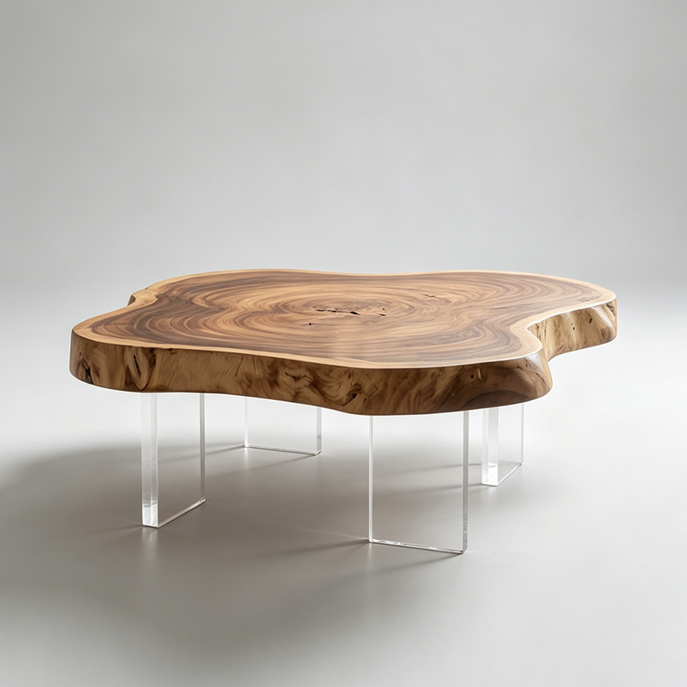Natural Live Edge Irregular Wood Slab Coffee Table With Clear Acrylic Legs