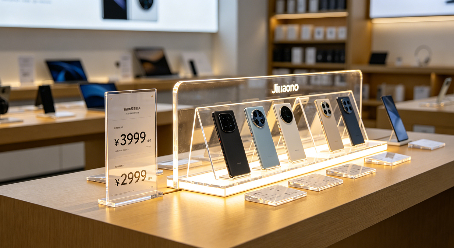 Extended clear acrylic product display rack in warm light electronic retail store, tablet showcase setup