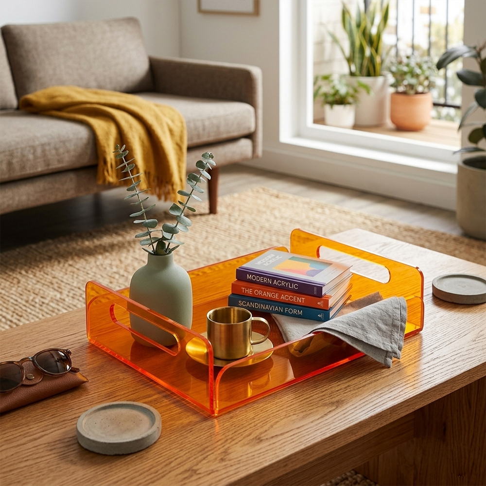 Bright Orange Tinted Hollow Handle Rectangular Acrylic Tray