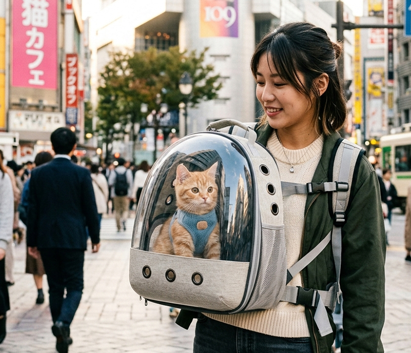 Young lady walking downtown street with transparent bubble acrylic cat backpack carrier, orange cat visible inside viewing window, urban street background