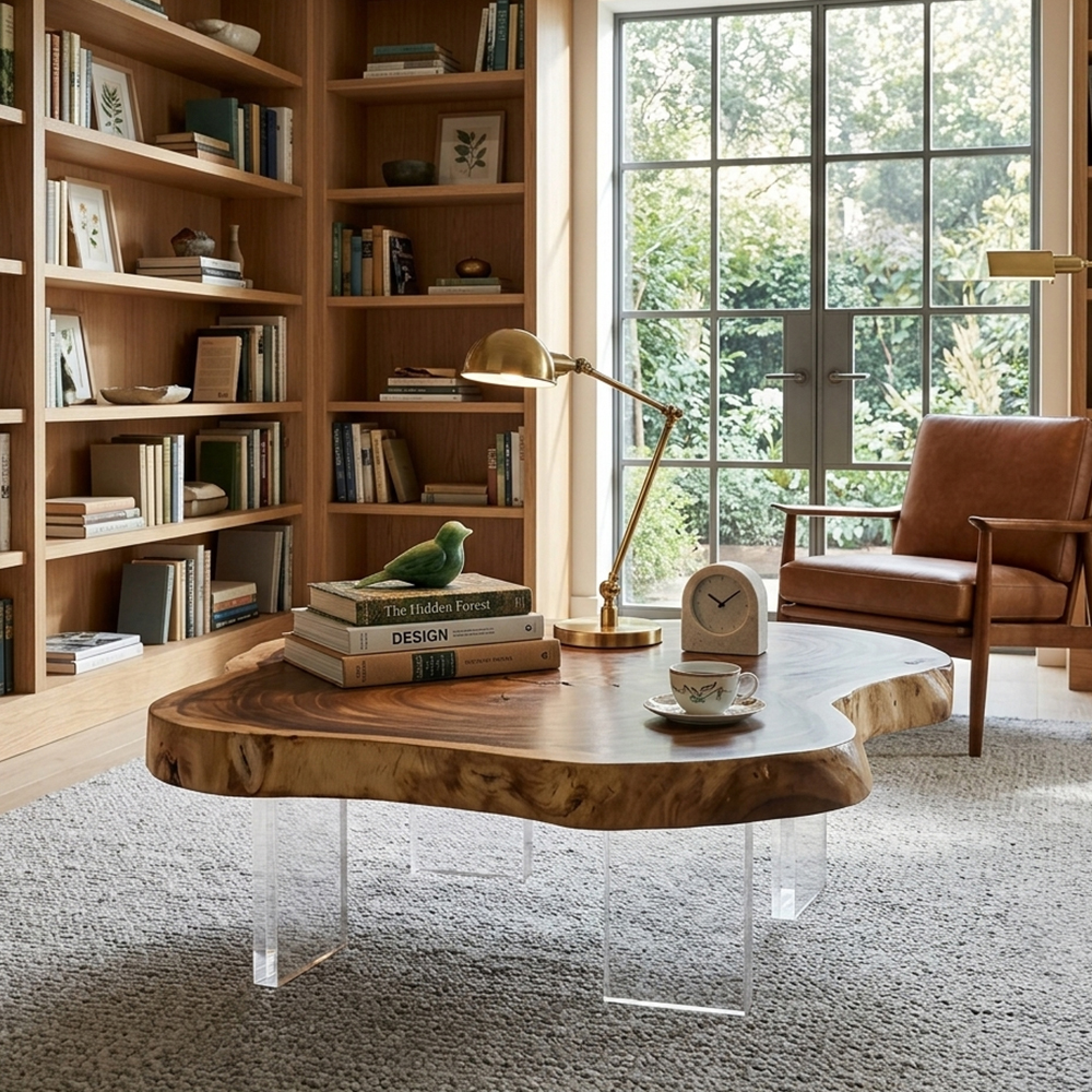 Natural Live Edge Irregular Wood Slab Coffee Table With Clear Acrylic Legs