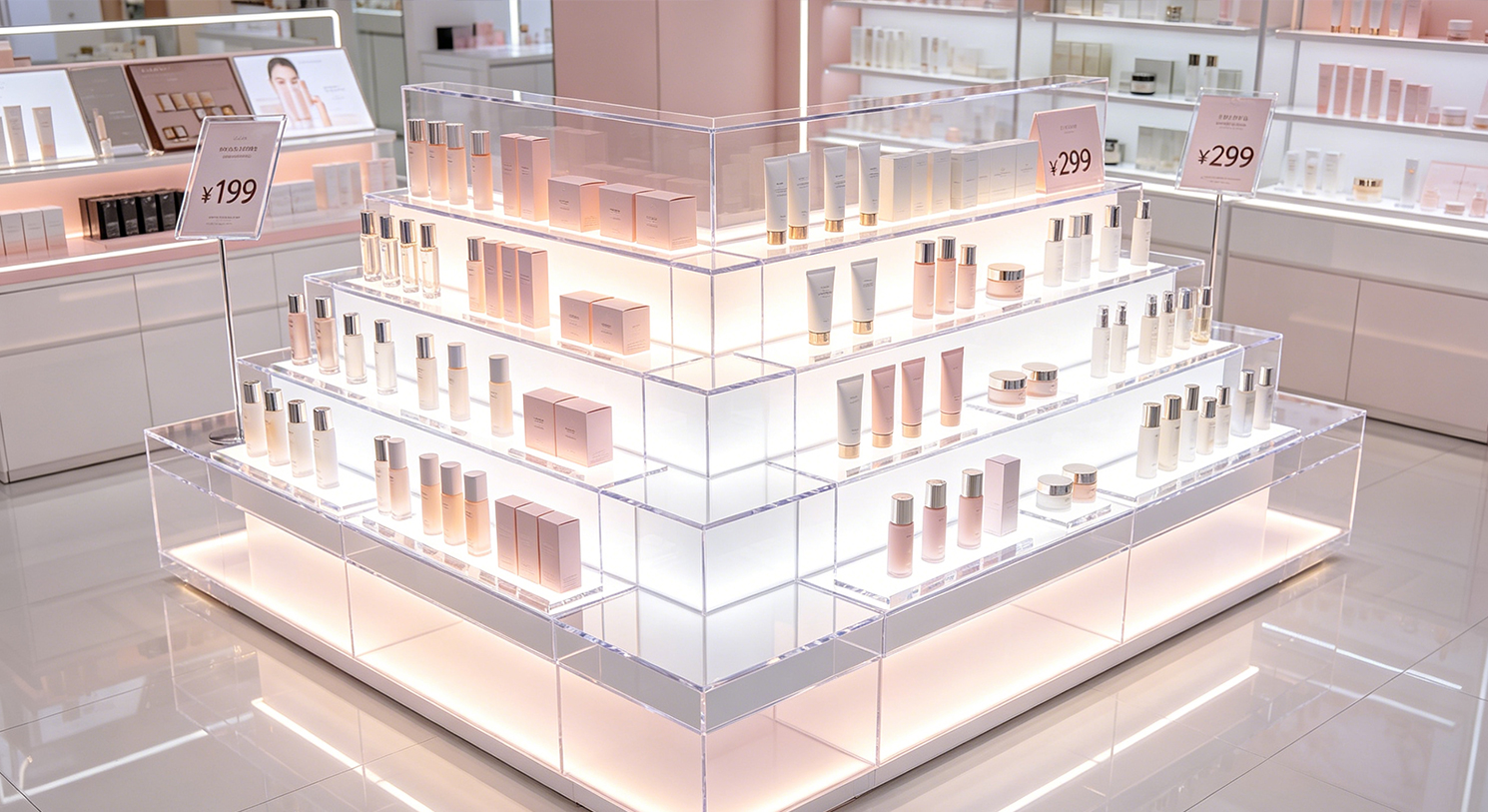 Multi-layer stepped pink partition clear acrylic cosmetic shelf, fully stocked with skincare bottles in bright clean beauty retail space