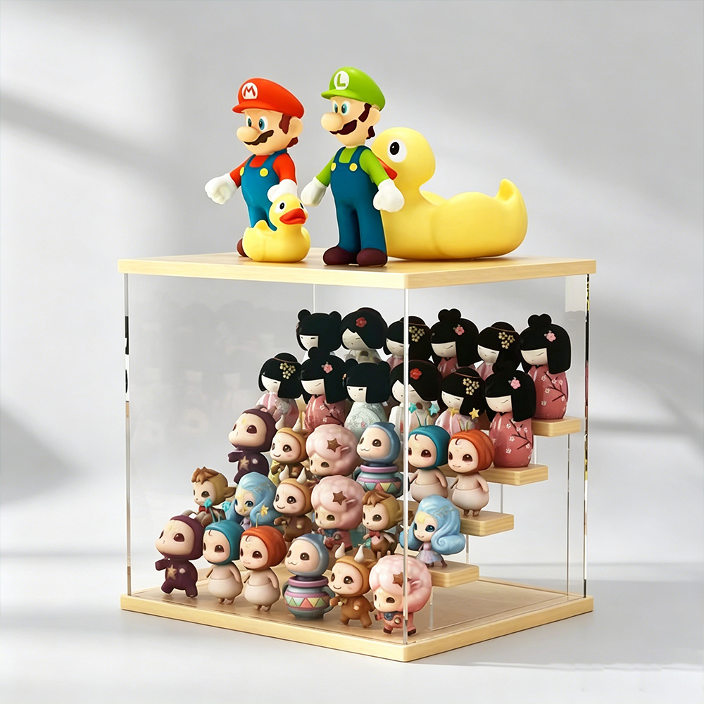 Wood Top Tiered Clear Acrylic Figure Display Cabinet