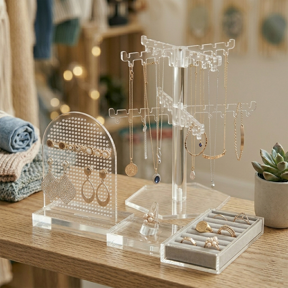 Clear Acrylic Multi-Function Jewelry Display Set | Wholesale All-in-One Earring, Necklace & Ring Organizer Kit