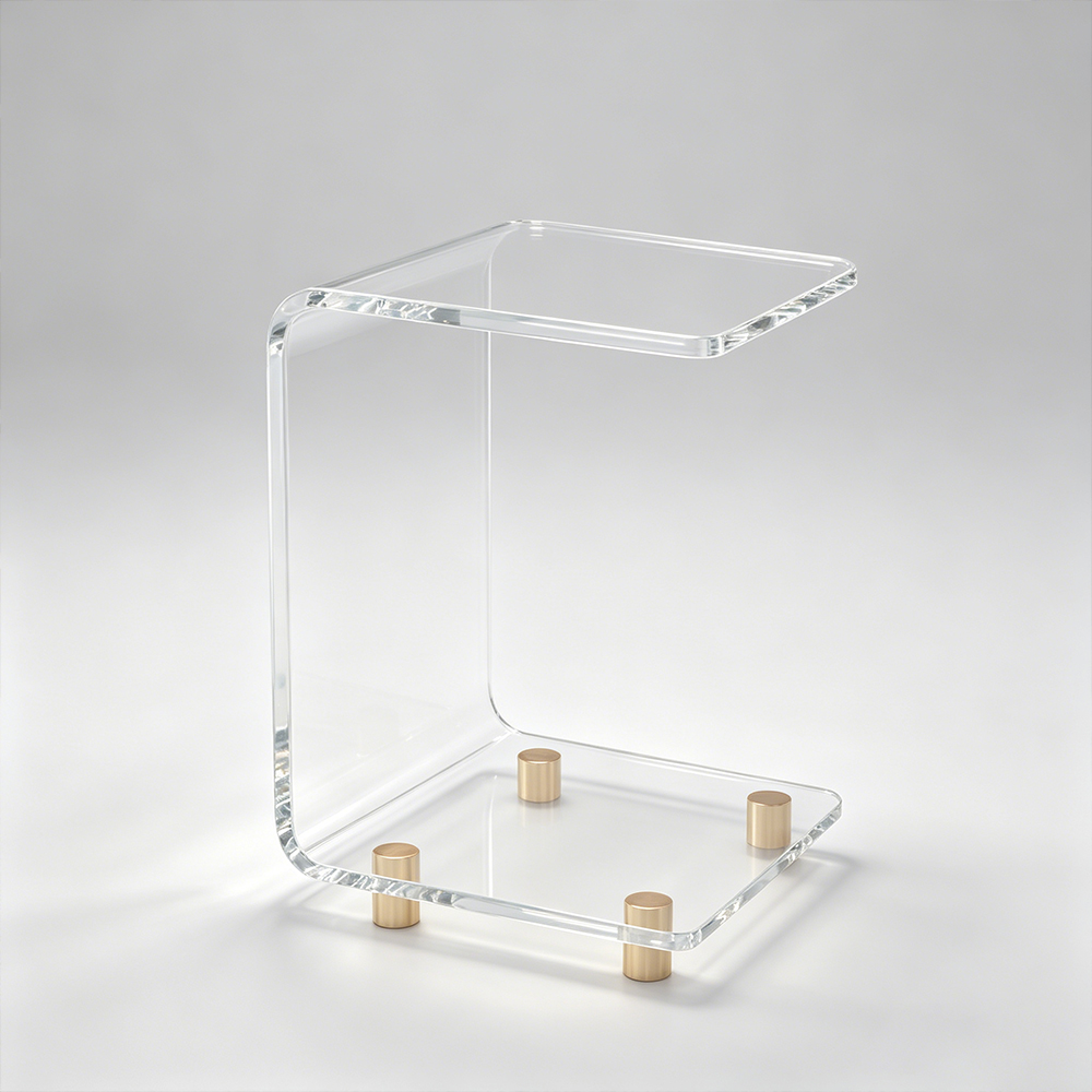Single Tier U-Shape Clear Acrylic Side Table With Brass Cylinder Foot Caps