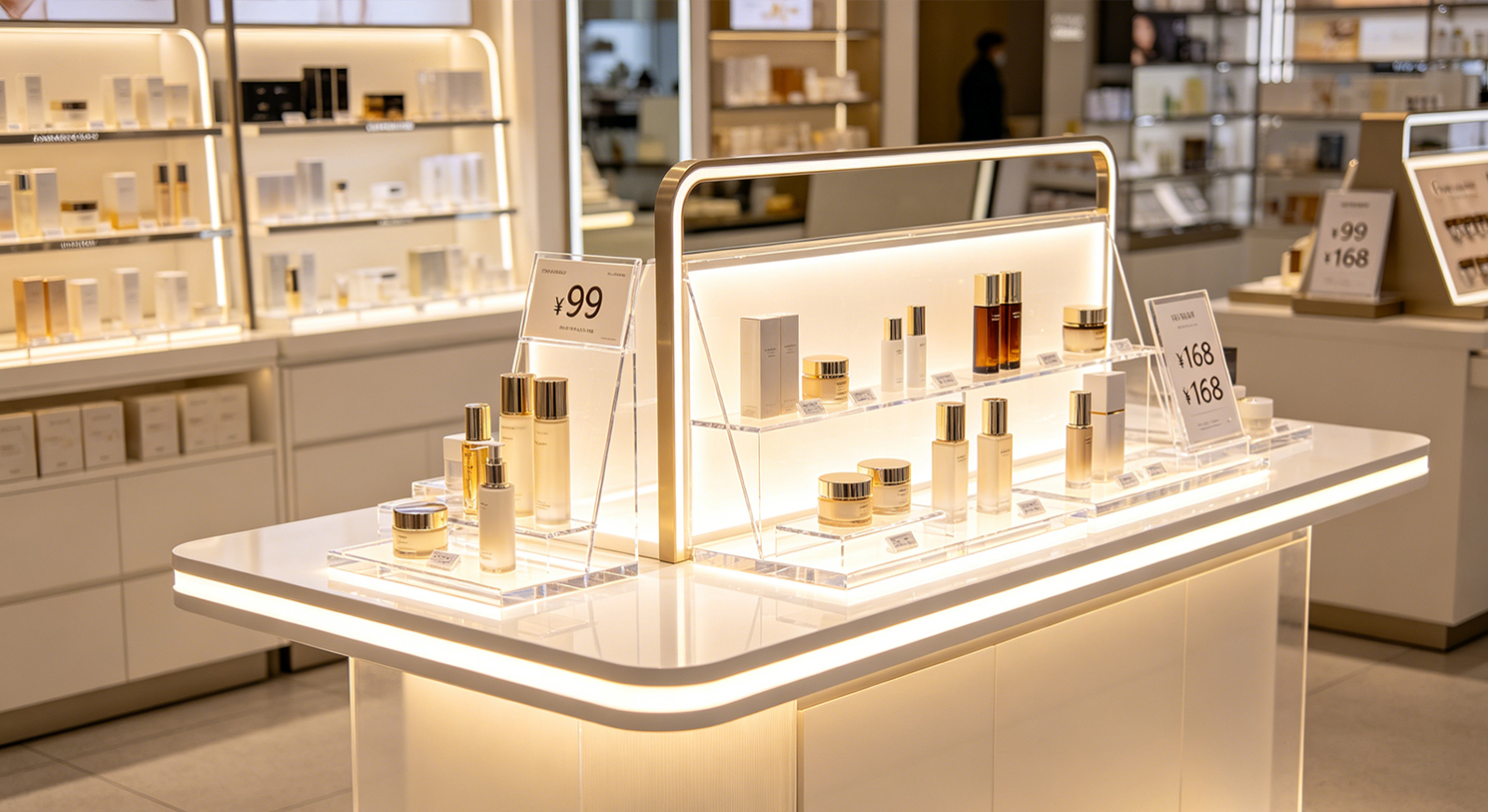 Golden border LED illuminated acrylic makeup display cabinet, multi transparent tiers holding serums, creams and essence bottles