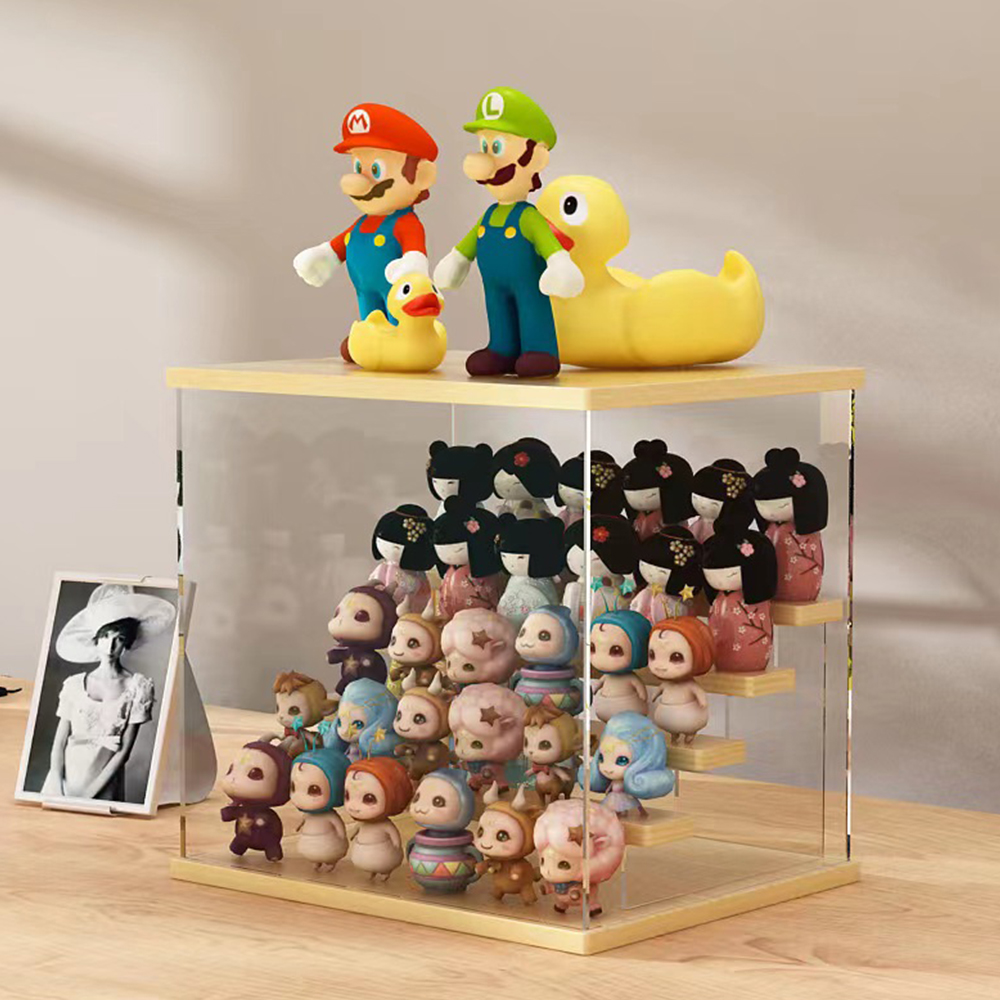 Wood Top Tiered Clear Acrylic Figure Display Cabinet