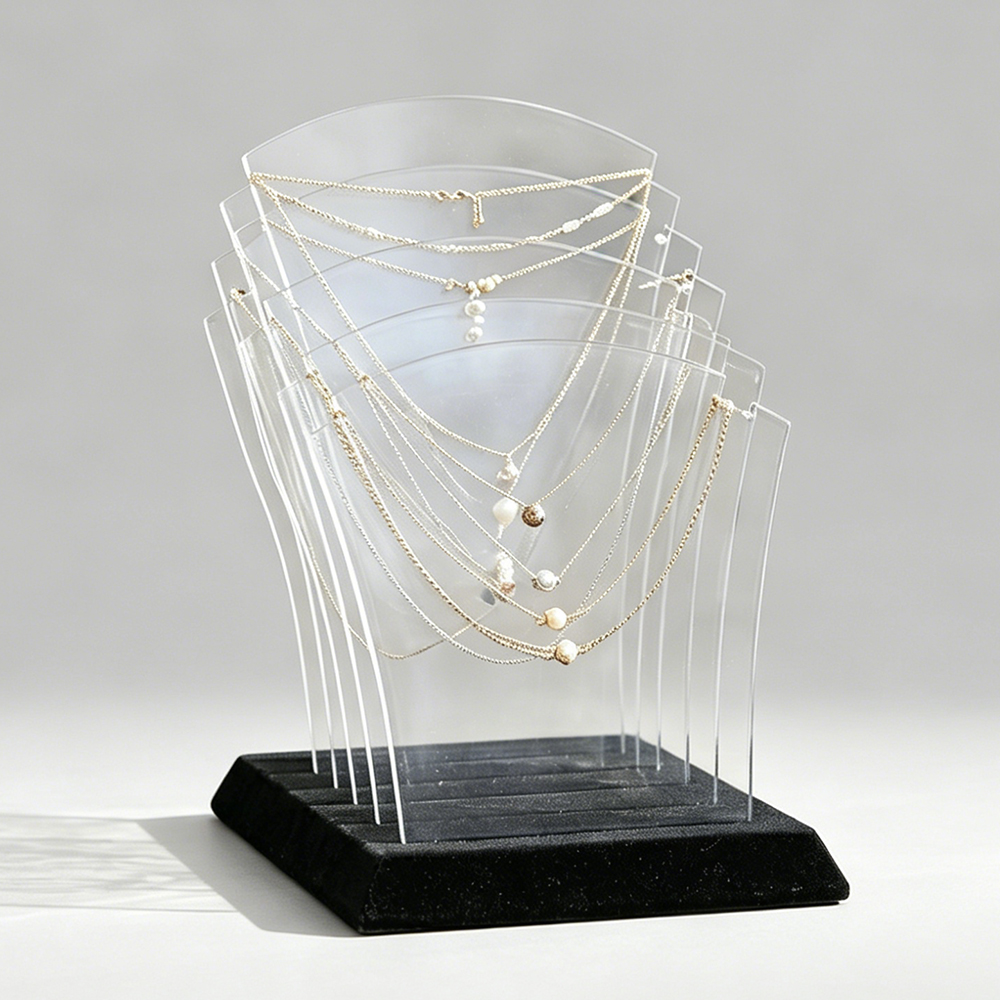 Fan-Shaped Tiered Clear Acrylic Necklace Display Stand | Wholesale Boutique Jewelry Rack with Velvet Base