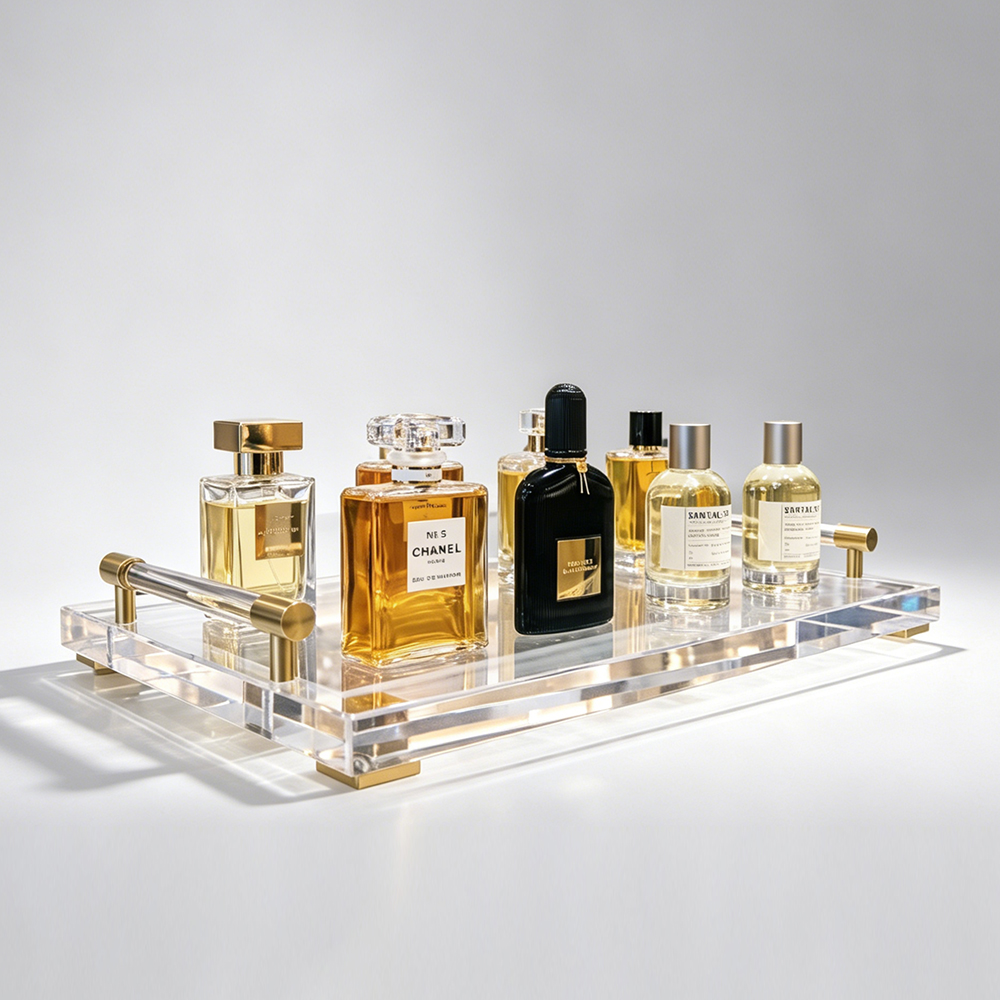 Rectangular Clear Acrylic Tray With Gold Metal Handles