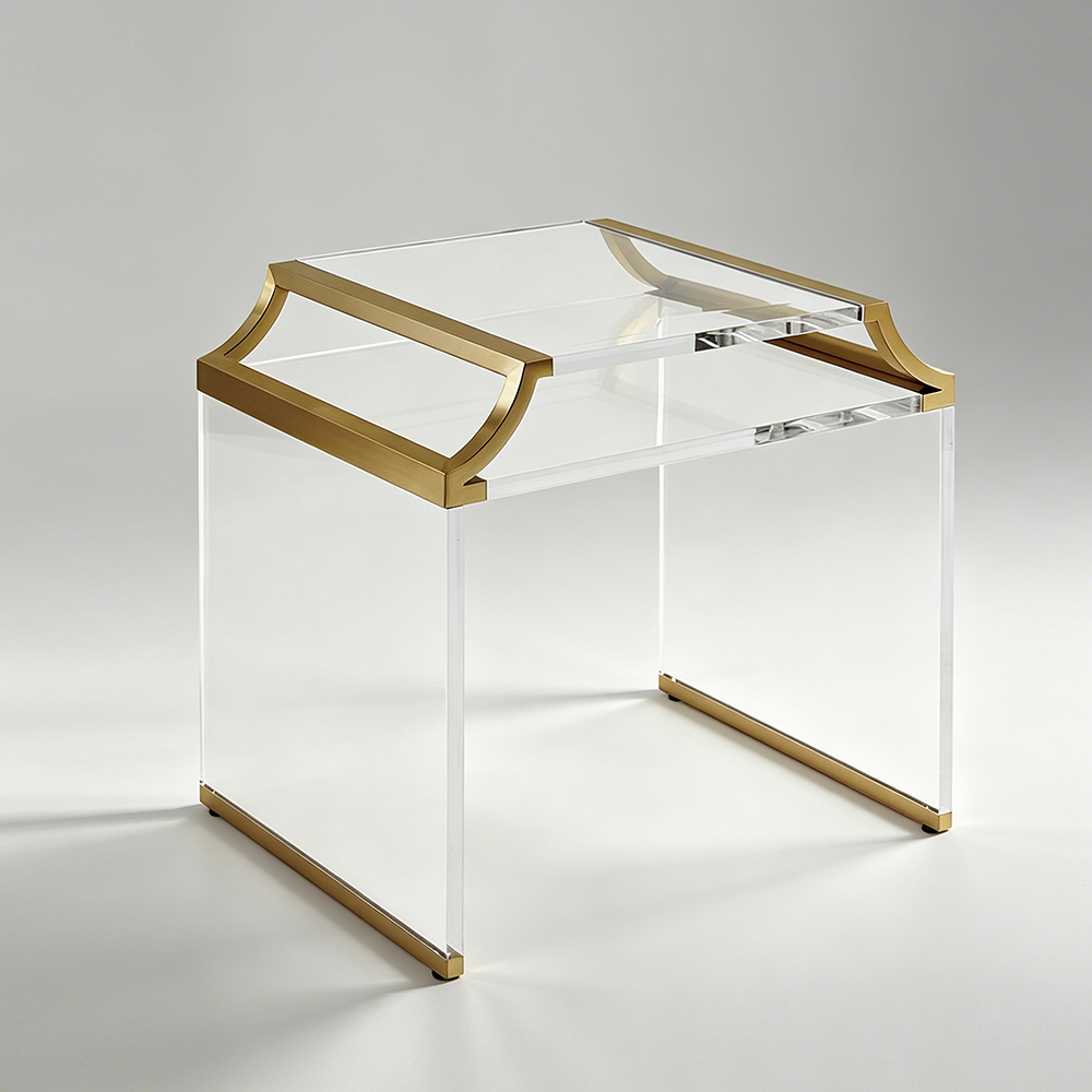 Double Layer Clear Acrylic Side Table With Brushed Brass Metal Frame