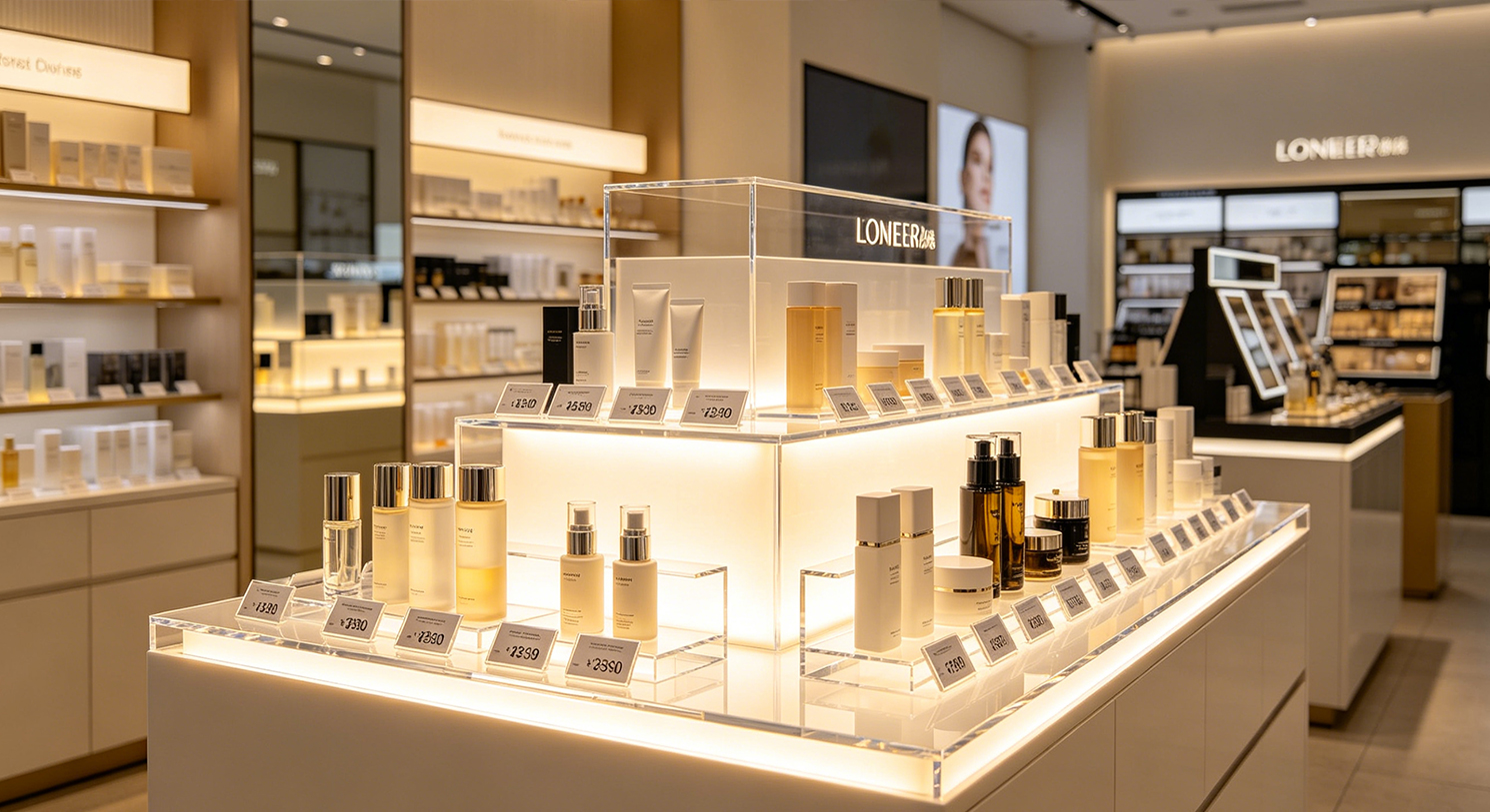 Golden border LED illuminated acrylic makeup display cabinet, multi transparent tiers holding serums, creams and essence bottles