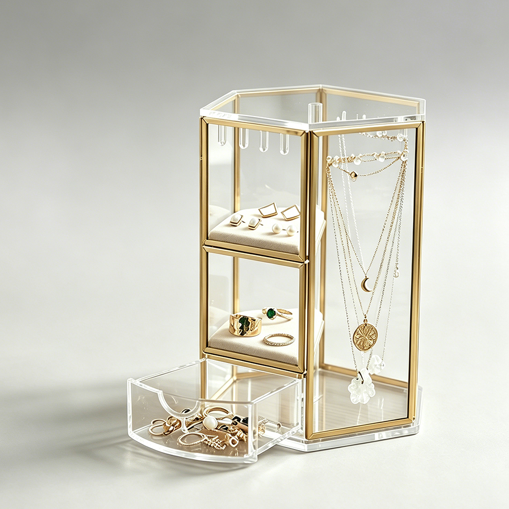 Gold-Trimmed Rotating Clear Acrylic Jewelry Cabinet | Wholesale Home & Boutique Storage Organizer