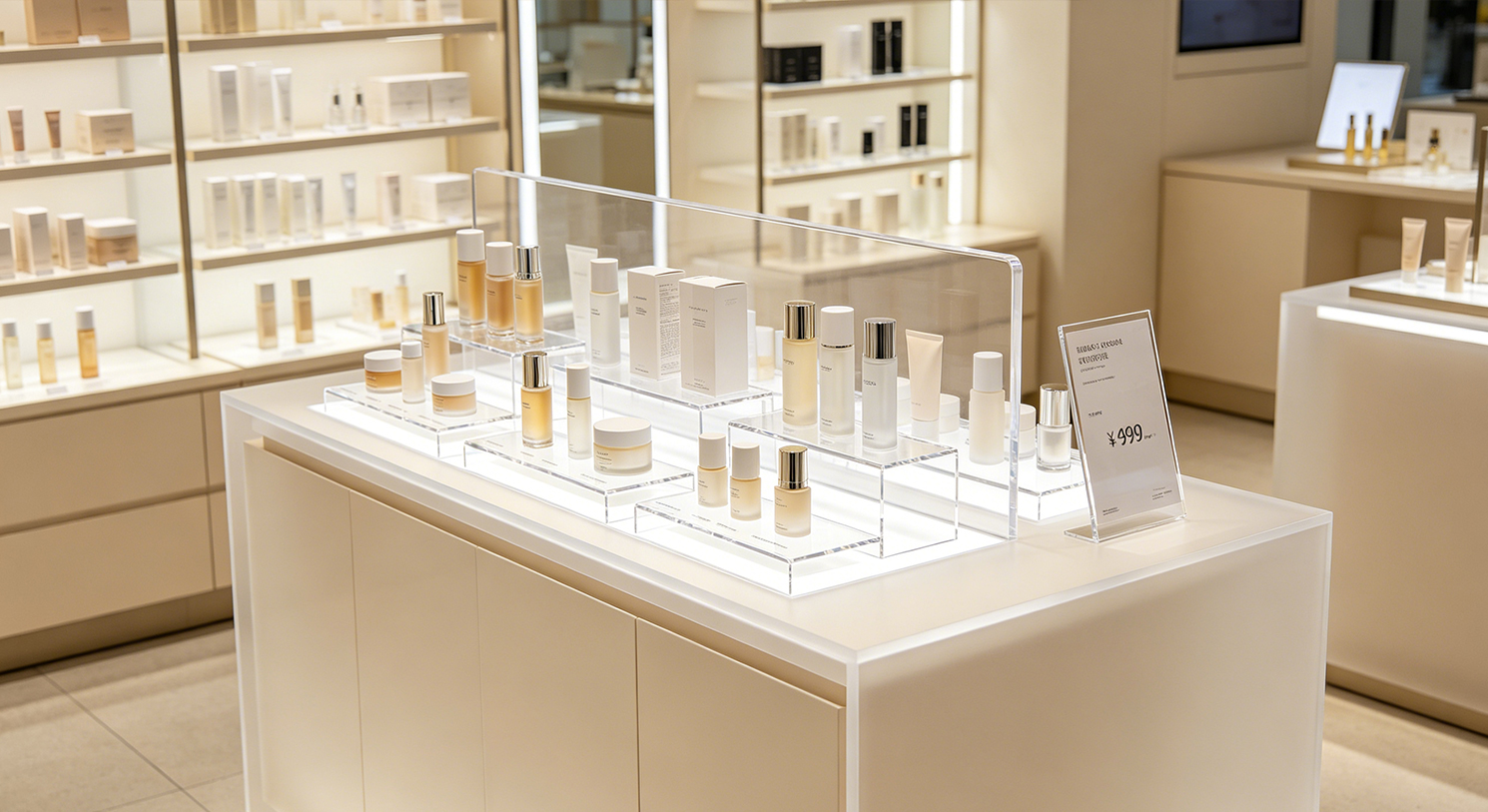 Extra long wall-mounted clear acrylic retail shelf for skincare jars and bottles, modern bright boutique with back storage cabinet backdrop