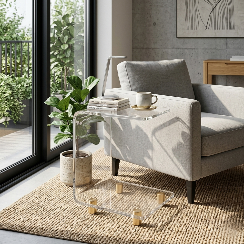 Single Tier U-Shape Clear Acrylic Side Table With Brass Cylinder Foot Caps