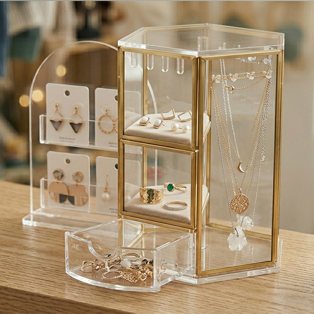 Gold-Trimmed Rotating Clear Acrylic Jewelry Cabinet | Wholesale Home & Boutique Storage Organizer