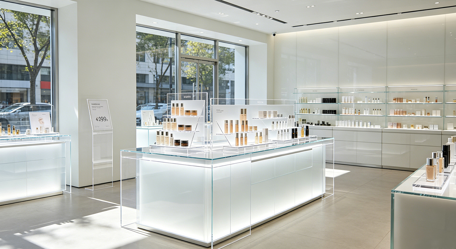 Wide two-tier acrylic cosmetic display counter showcasing lipstick, foundation and skincare products, large floor-to-ceiling street view window
