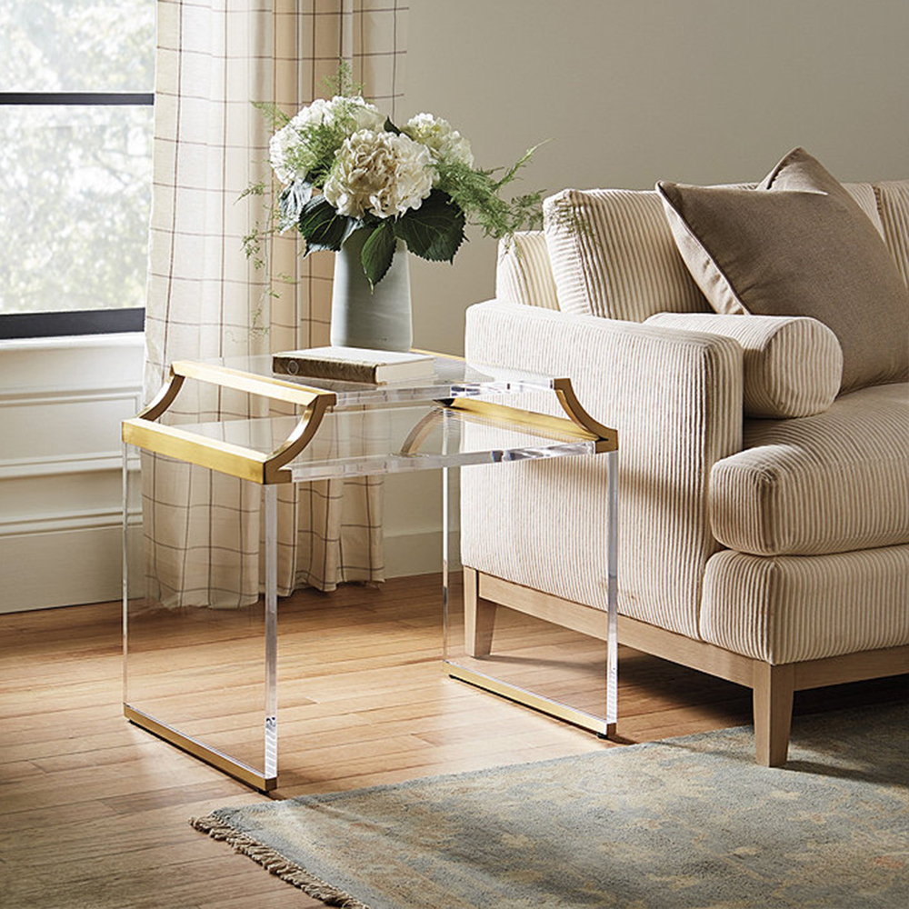 Double Layer Clear Acrylic Side Table With Brushed Brass Metal Frame