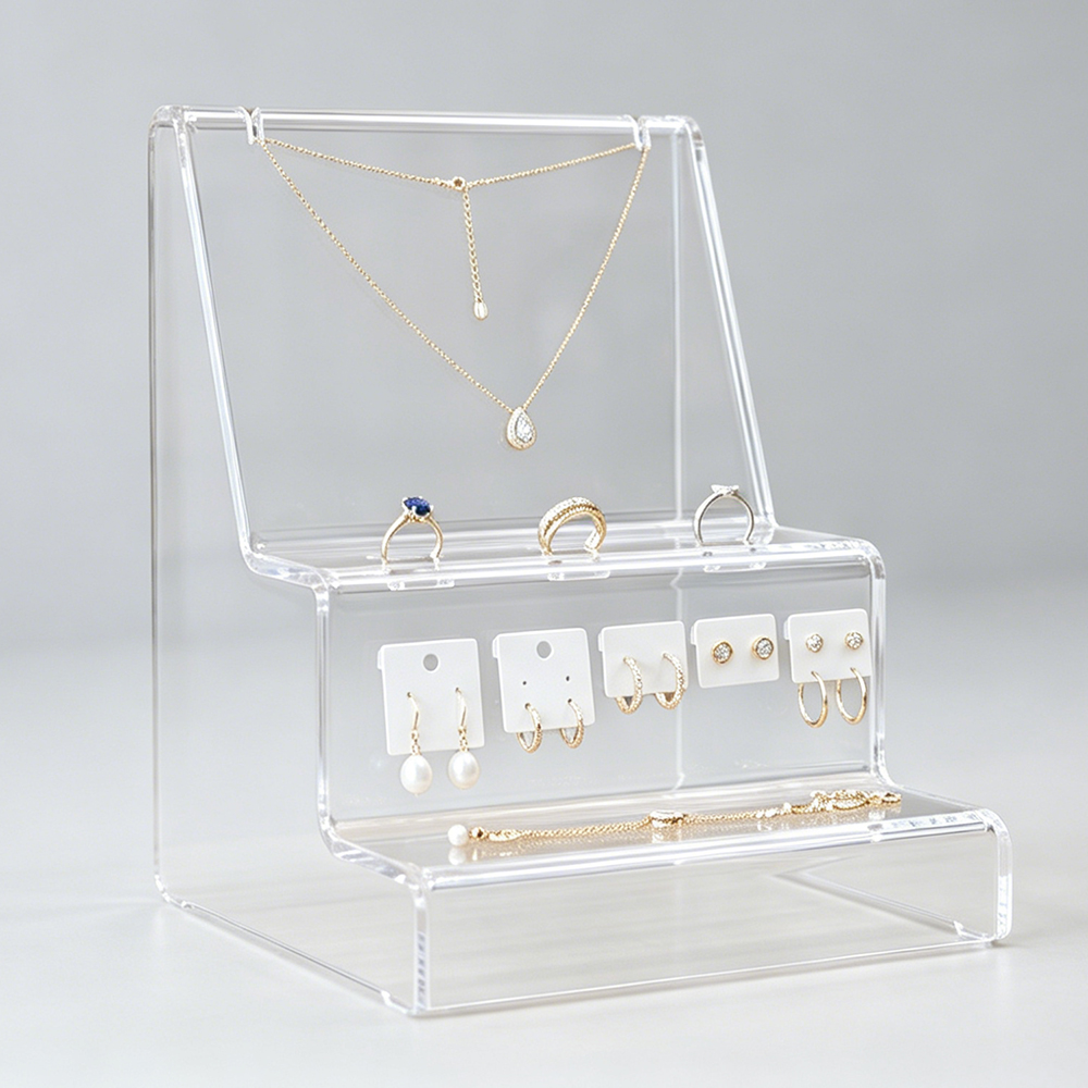 3-Tier Slant Clear Acrylic Jewelry Display Stand | Wholesale All-in-One Necklace, Ring & Earring Organizer