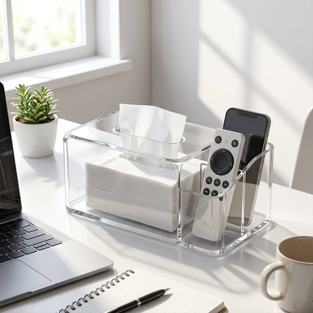 Multi-Compartment Rounded Corner Clear Acrylic Tissue Organizer Box