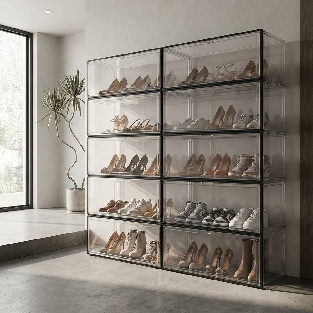 Black Frame Multi-Grid Stackable Clear Acrylic Shoe Cabinet Combination