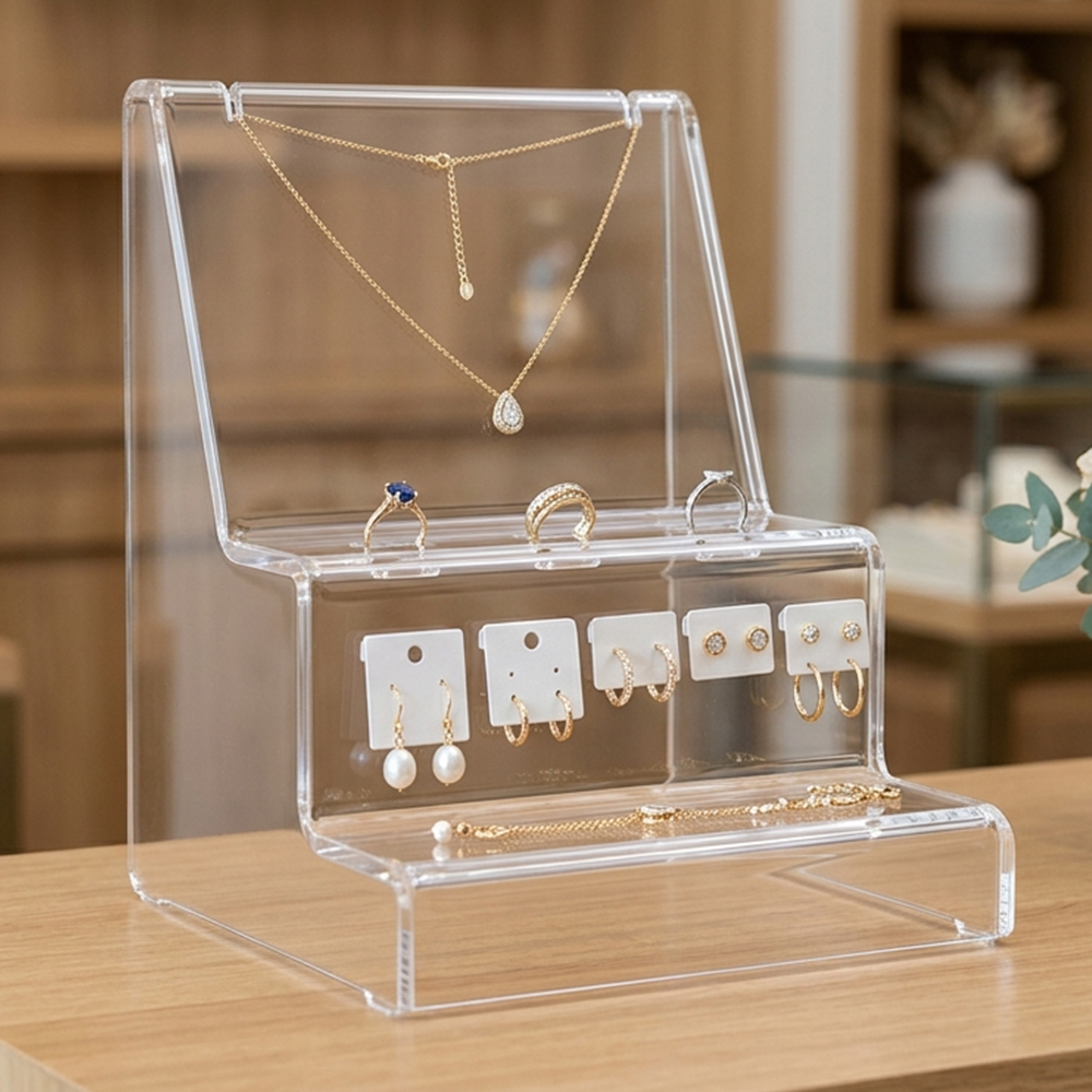 3-Tier Slant Clear Acrylic Jewelry Display Stand | Wholesale All-in-One Necklace, Ring & Earring Organizer