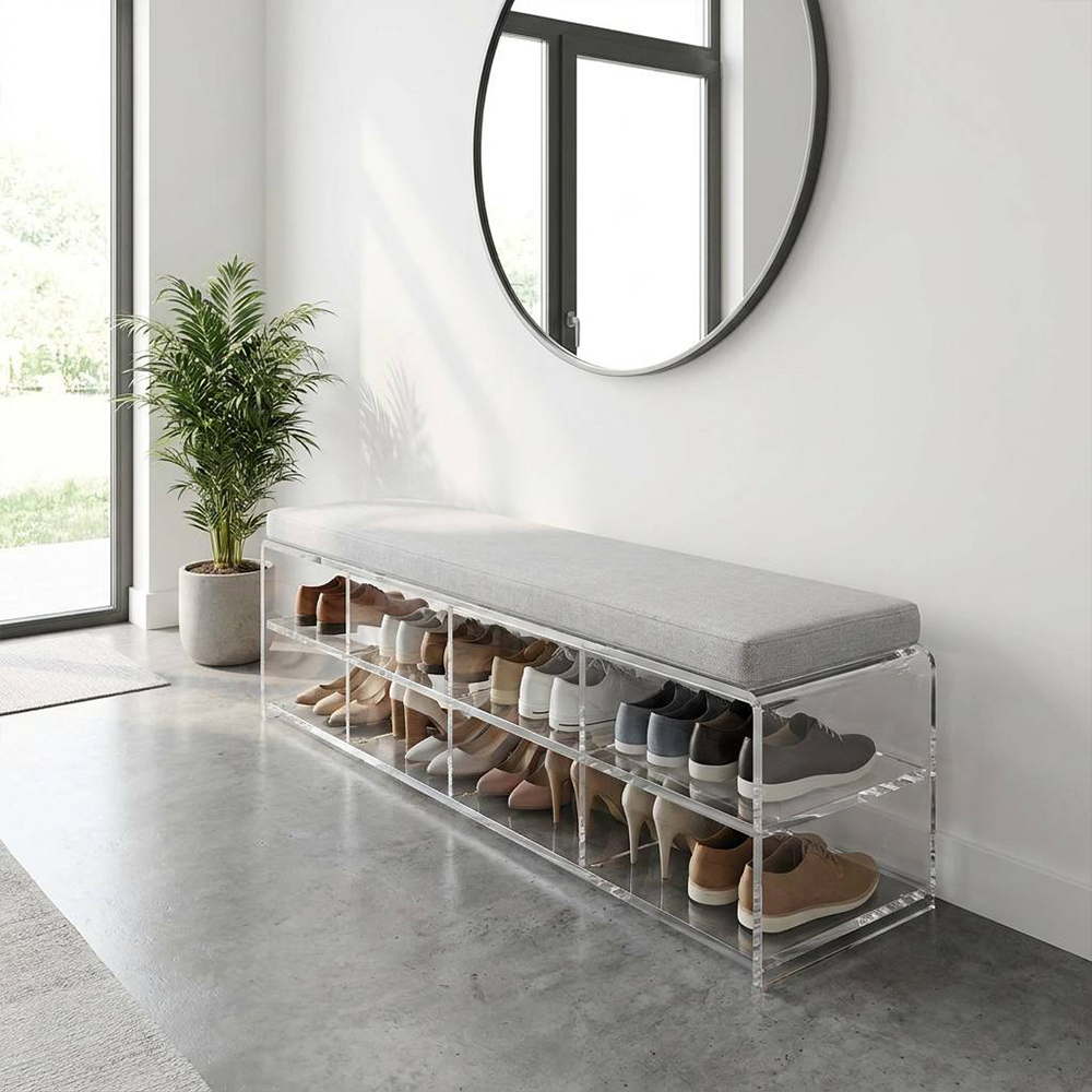 Dual Tier Clear Acrylic Shoe Bench With Cushioned Seat