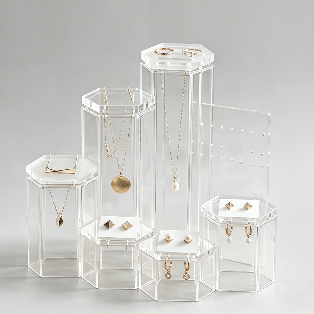 Octagonal Clear Acrylic Jewelry Display Set | Wholesale Stackable Necklace & Earring Organizer Boxes