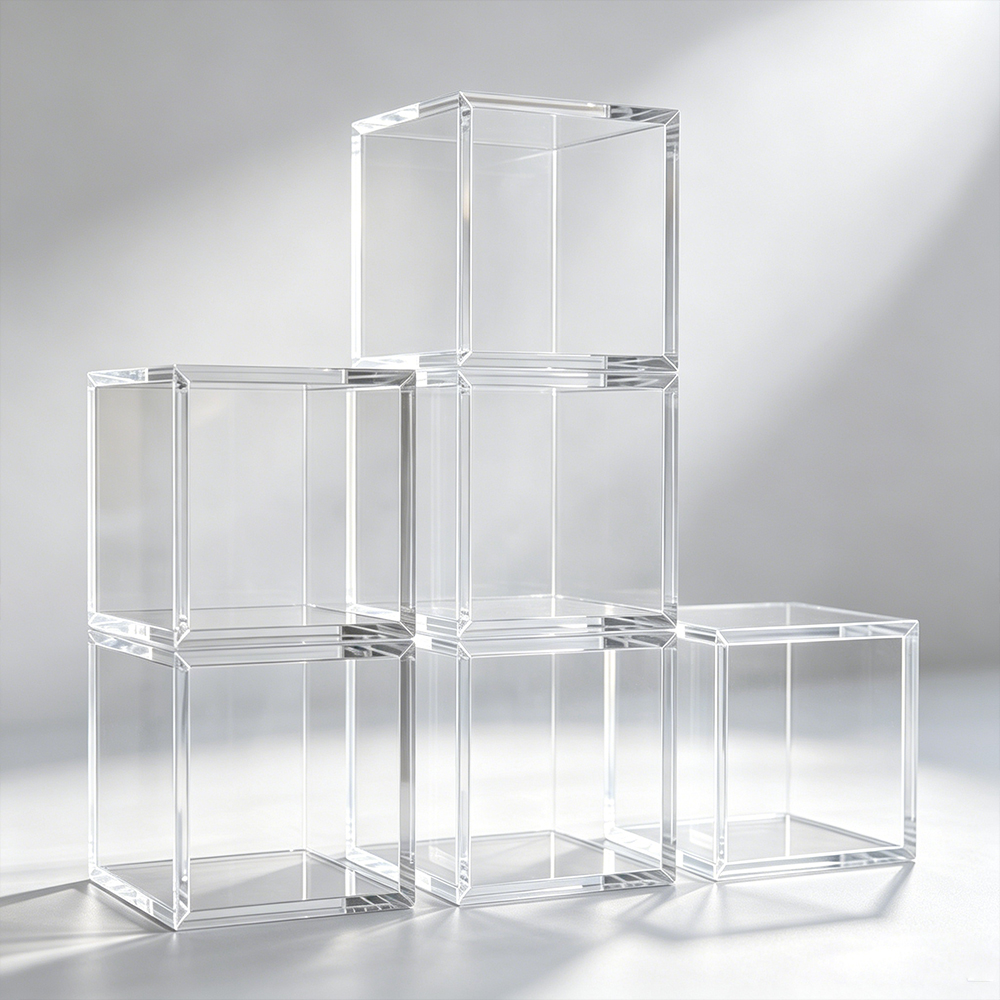 Clear Hollow Acrylic Cube Display Box Stackable Set | Wholesale Multi-Size Transparent Product Showcase Pedestal