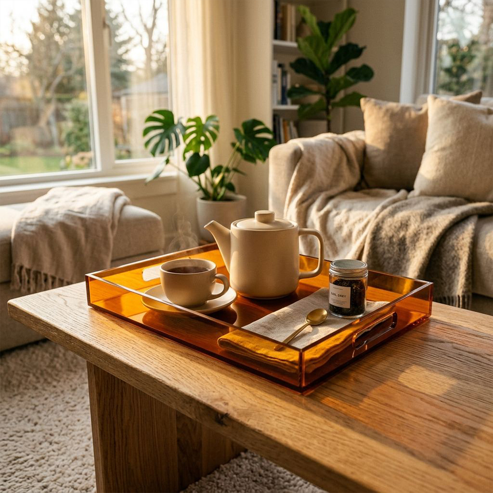 Amber Tinted Rectangular Acrylic Vanity Tray With Double Cutout Handles
