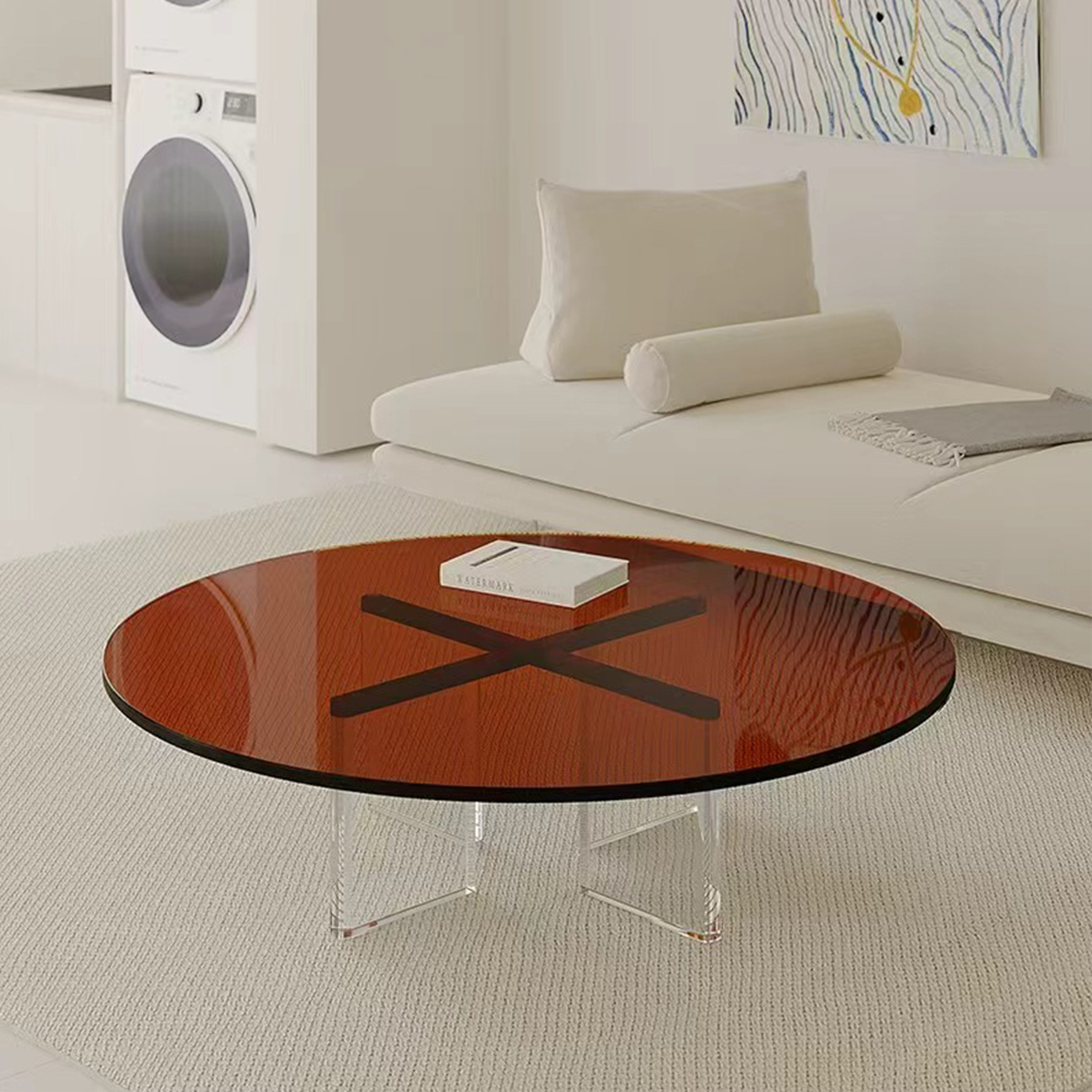 Amber Tinted Round Acrylic Coffee Table With Cross X Legs