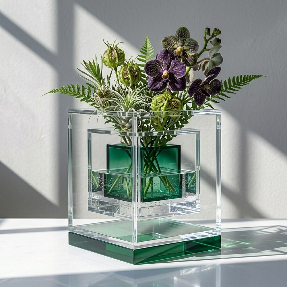 Nested Cube Clear & Green Acrylic Vase