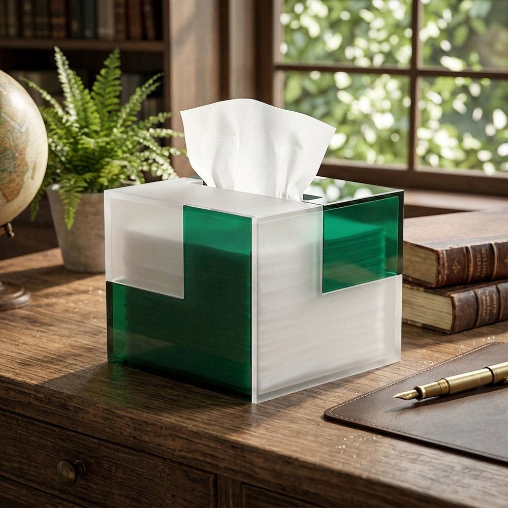 Green & White Color Block Geometric Acrylic Tissue Box