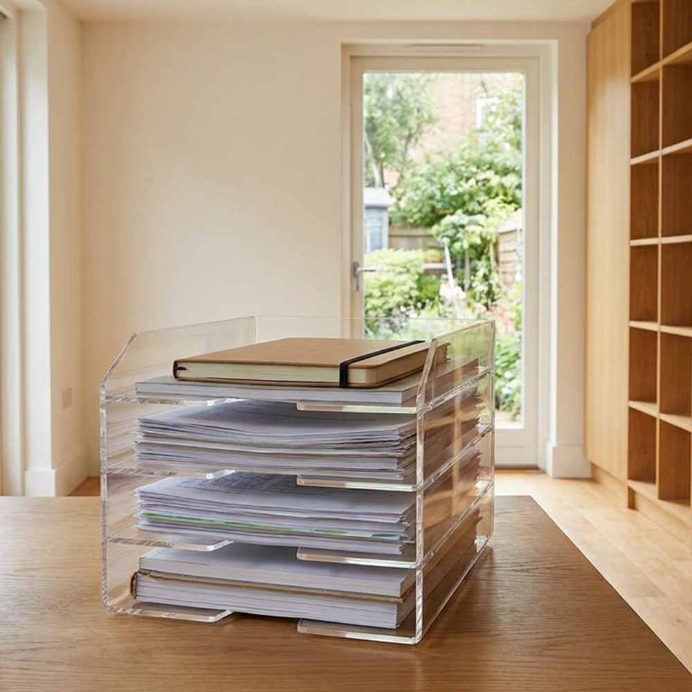 4-Tier Clear Acrylic Desk File Organizer | Wholesale Office Paper & Document Tray