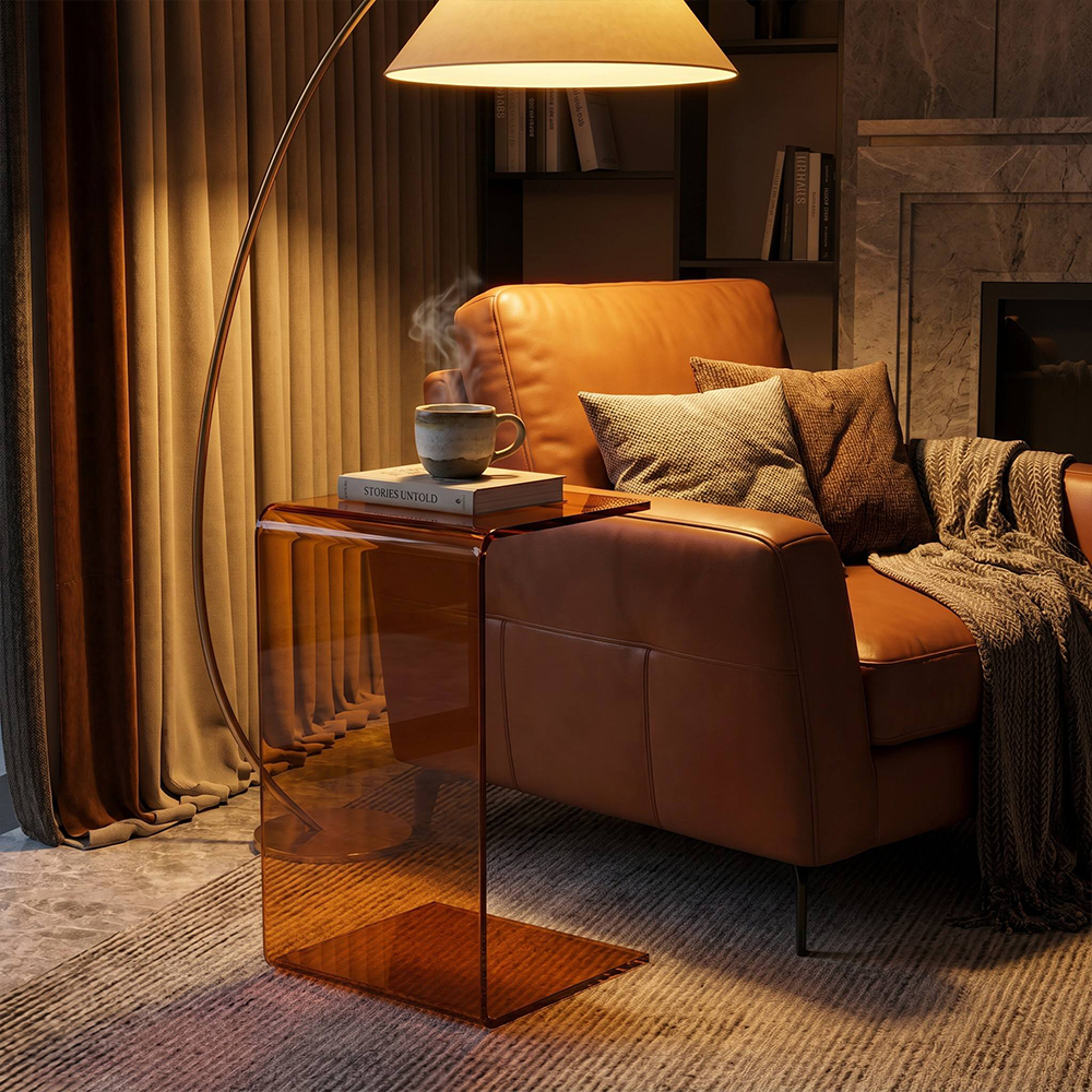 One-Piece Bent Amber Tinted C-Shaped Acrylic Side Table