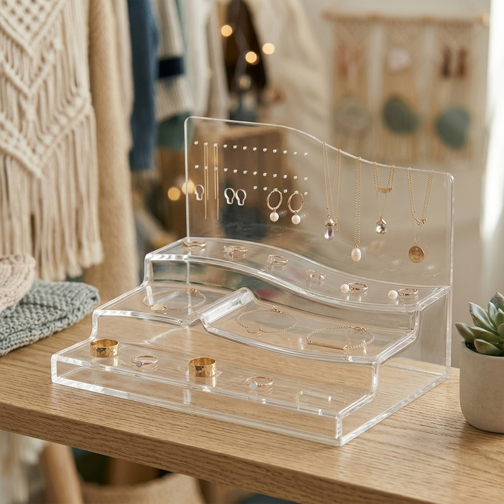 Wave-Shaped Tiered Clear Acrylic Jewelry Organizer