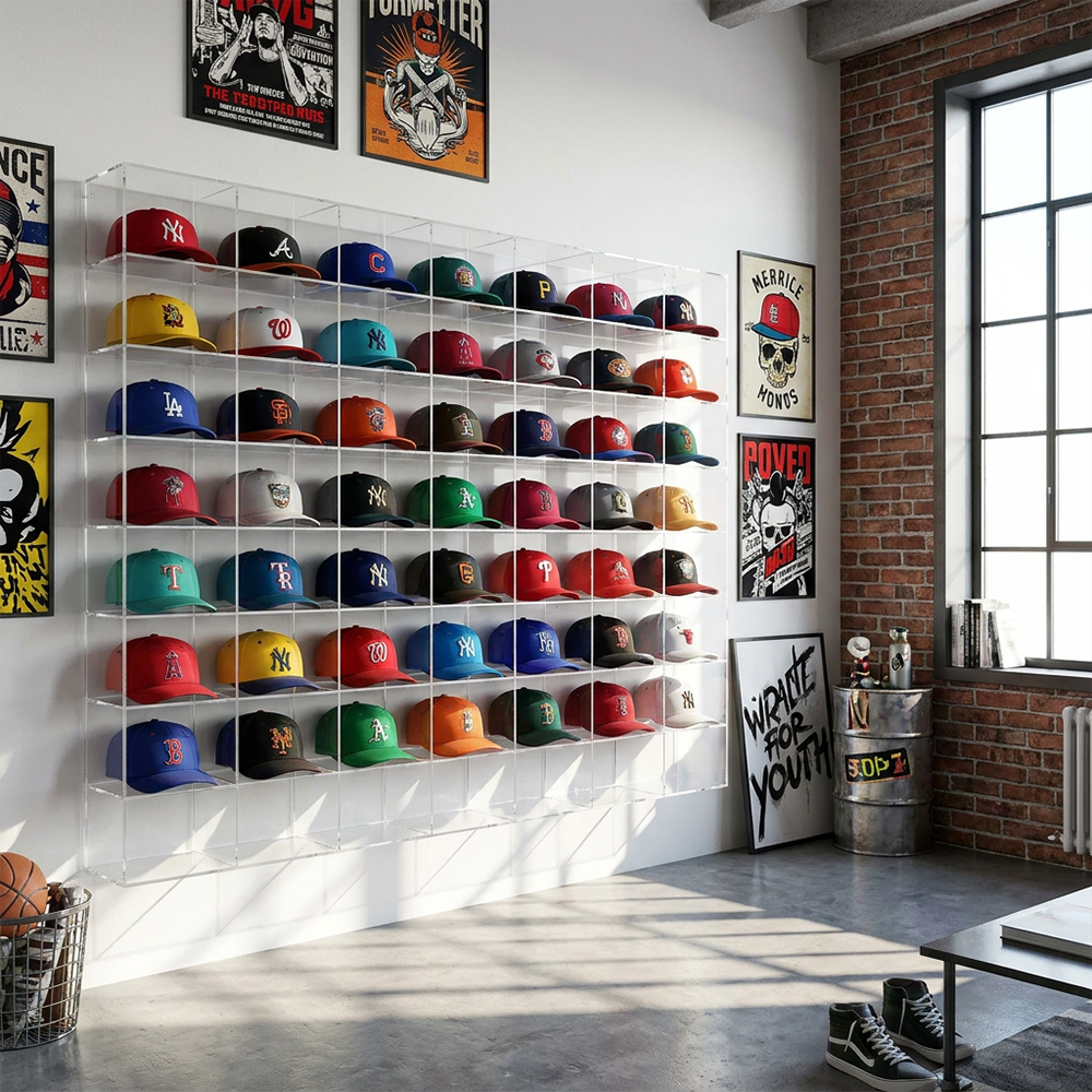 Clear Acrylic Grid Baseball Cap Wall Display Rack
