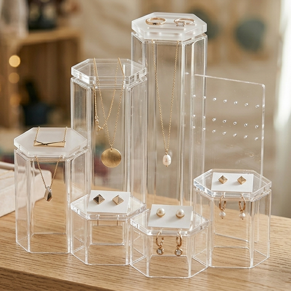 Octagonal Clear Acrylic Jewelry Display Set | Wholesale Stackable Necklace & Earring Organizer Boxes